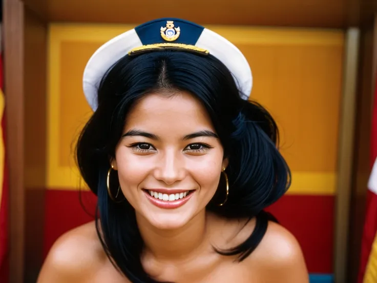 35mm film photography, Joyful, smiling black hair 1 woman on her head ship captain&#39;s hat pin-up woman posing beautifully smiling on a yacht clear weather summer sky sunny day glare in her hands holding a glass of cocktail retro pin-up style green swims...