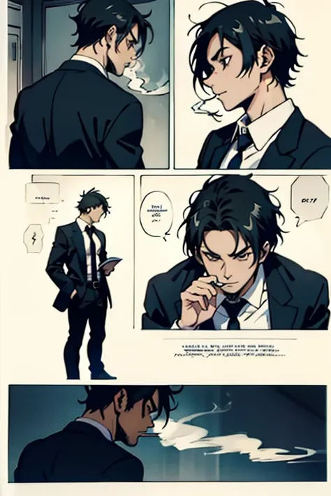 guy with short black hair smoking, manga page with panels and dialogue