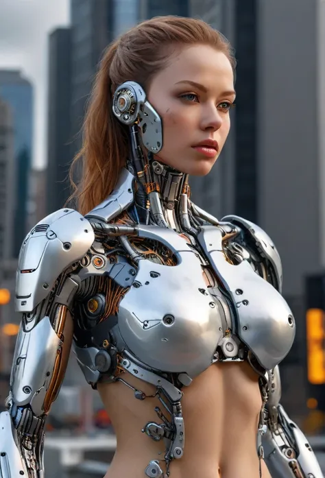 1 beautiful female cyborg, futuristic cityscape, intricate mechanical components, slender graceful humanoid form, exquisite anatomy and physique, half body shot, (best quality,4k,8k,highres,masterpiece:1.2),ultra-detailed,(realistic,photorealistic,photo-re...