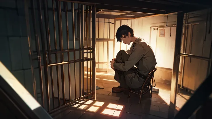 a guy with short hair sits in a cage in the basement.