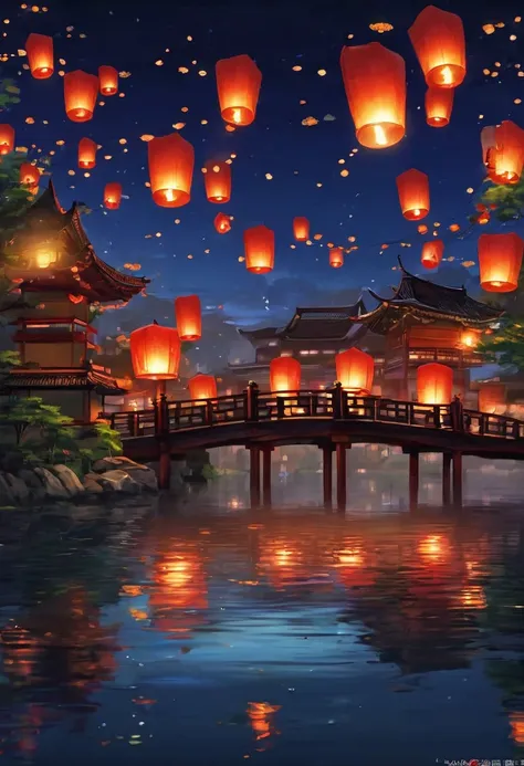 1.place the river lanterns by the river，(((kongming lantern wishing lantern)))many sky lanterns are lit on the water, floating l...