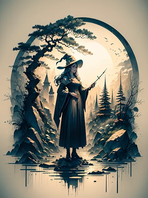 beautiful young woman, dressed as a witch, looking into the cauldron, dark weather, low light