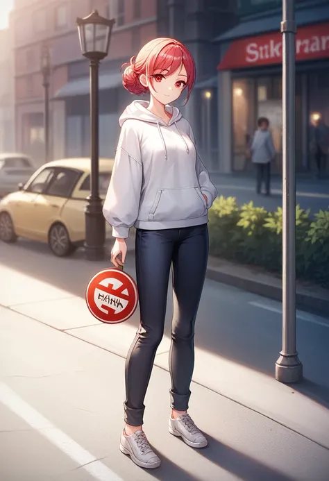 best quality, 4K wallpaper, masterpiece, extremely detailed CG unity 8k wallpaper, extremely detailed eyes, ultra-detailed, intricate details, 1girl, solo,red eyes, Barihama outfit, white hoodie, trousers, shoes, looking at viewer, public, road sign, stree...