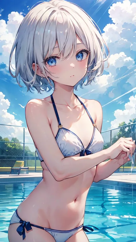 short hair、gold and silver hair、Twinkling eyes、blue eyes、Three pairs of angel wings、Embarrassing、shine、reflected light、Film Grain、masterpiece、Textured skin、Super Detail、High Detail、high quality、最high quality、High resolution,Pool,blue sky,Swimwear,summer,Sl...