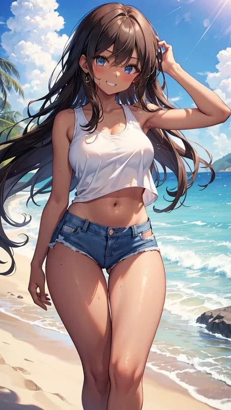 (8K、Highest quality、Highest quality、masterpiece)、Detailed face、One Girl、 
(Brown Skin:1.2)、Long Hair、
Blue Eyes、Sweat、Grin、
(White tank top、Denim hot shorts、Mini Shorts、Standing one leg、Up leg、Cameltoe)、
Beach、cloud、
belly button、Big Breasts、