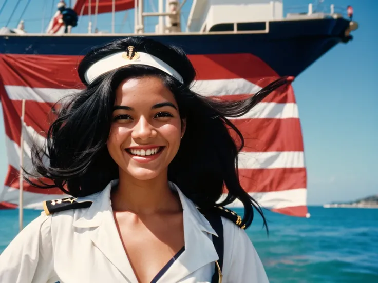 35mm film photography, Joyful, smiling black hair 1 woman on her head ship captain&#39;s hat pin-up woman posing beautifully smiling on a yacht clear weather summer sky sunny day glare in her hands holding a glass of cocktail retro pin-up style green swims...