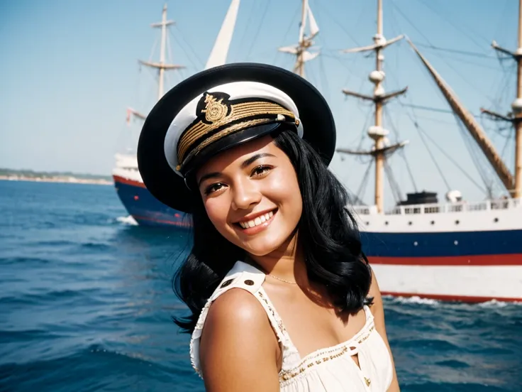 35mm film photography, Joyful, smiling black hair 1 woman on her head ship captain&#39;s hat pin-up woman posing beautifully smiling on a yacht clear weather summer sky sunny day glare in her hands holding a glass of cocktail retro pin-up style green swims...