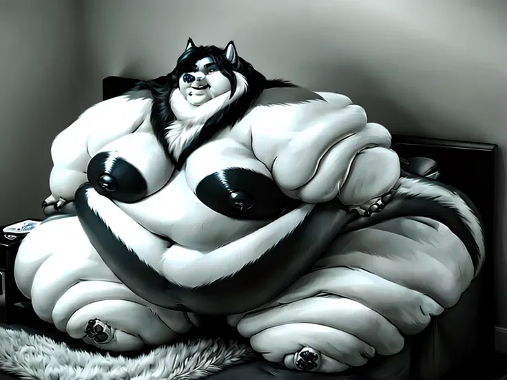 Malamute, female, long hair, black and white fur, morbidly obese, fat arms, fat legs, belly rolls, gorgeous, beautiful, eyelashes, voluptuous, plump , saggy breasts , double chin, chubby cheeks , sitting in bed 