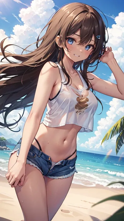 (8K、Highest quality、Highest quality、masterpiece)、Detailed face、One Girl、 Standing with one leg、Up leg、
(Brown Skin:1.2)、Long Hair、
Blue Eyes、Sweat、Grin、
(White tank top、Denim hot shorts、Mini Shorts、Cameltoe)、
Beach、cloud、
belly button、Big Breasts、