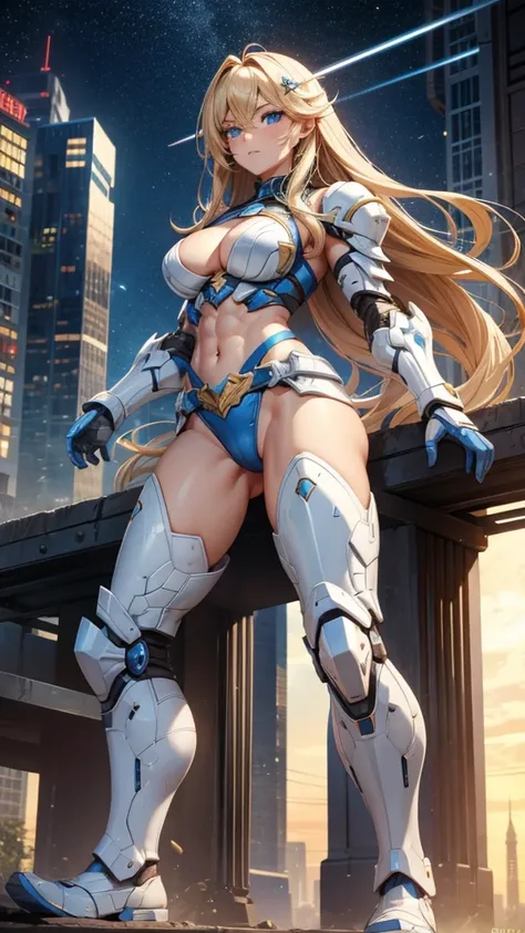 Muscular beauty with long blond hair，Hairpin，Abdominal muscles，White blue sci-fi armor，cleavage，Bare waist，briefs，Bare Legs，iron boots，Big cities