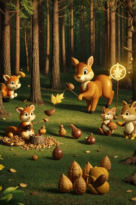 Nutty sharing the golden acorns with all his forest friends. Characters: Nutty and various forest animals happily receiving acorns. Caption: "Nutty shared them with all his friends, and the forest became a magical, golden wonderland."