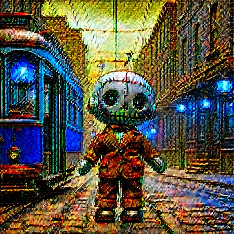 (knitted toy voodoo doll:1.8), (Voodoo Ghost Tram Conductor:1.3), (clothes shabby conductor uniform, tickets, vintage tram bell:1.0), (in the background an abandoned tram, empty streets, flickering lanterns:1.3), best quality, masterpiece, detailed soft oi...