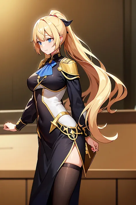 General Description:
- Height: Approximately 160 cm (53").
- Build: Slim and athletic with a delicate, feminine frame.

Hair:
- Color: Golden blonde.
- Style: Long, wavy hair that falls past her shoulders, often tied in a loose ponytail with a blue ribbon....