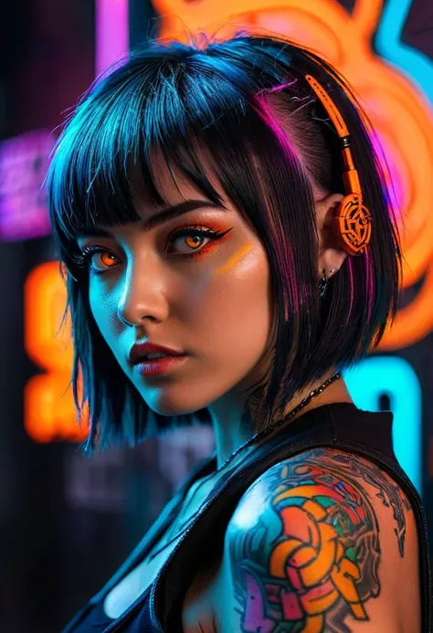 hyper-detailed portrait of a girl, profile, overhead shot, low head, cyberpunk, tattoos, perfect orange eyes, direct gaze, bright colors, very high contrast, side lighting, hair straight half-length hair, straight bangs, hair covers half the face, backgrou...