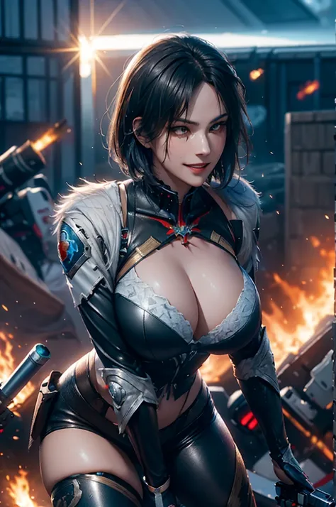 (1 Ultimate Beauty), Ultra-detailed顔, Fine brown eyes, double eyelid, Lips Detail, Short black hair, (Combat Uniform), smile, Thighs Thighs Thighs Thighs, Perfect lighting, (Photorealistic:1.4), (Ultra-detailed), (Highest quality), (Best Shadow), (masterpi...