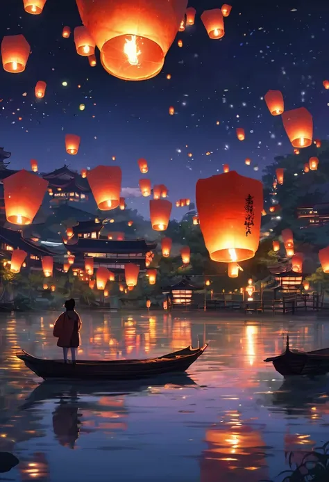 1.place the river lanterns by the river，many sky lanterns are lit on the water, floating lights, lights and reflections, glowing...