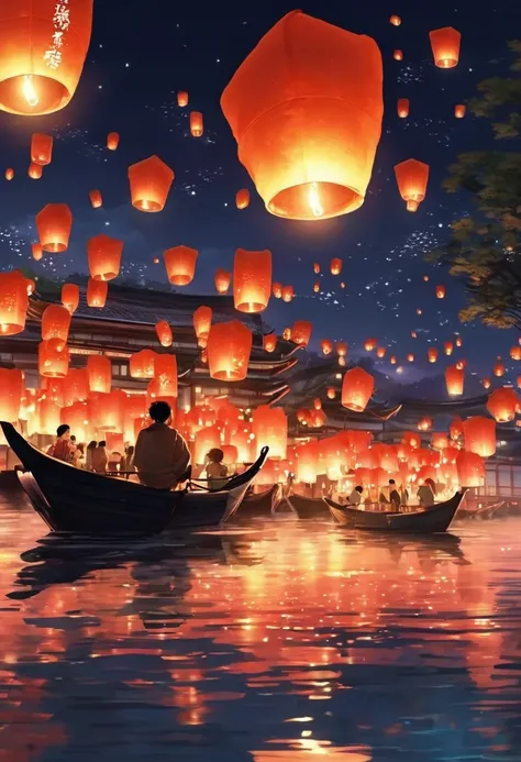 1.Place the river lanterns by the river，Many sky lanterns are lit on the water, floating lights, Lights and reflections, Glowing lights! Intermediate Metaverse Elements，number, glowing reflections, think. author：Shinkai Makoto, Water Lanterns, A quiet nigh...