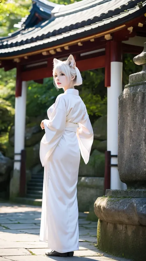 White fox beauty、Pale skin、tail、shrine、8K、Kimono