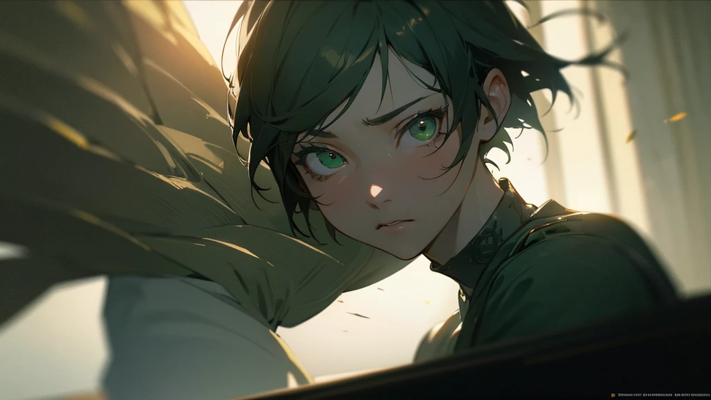 a yandere girl, short-haired boy with green eyes, detailed face and expression, dramatic lighting, cinematic composition, moody colors, highly detailed, intricate details, photorealistic, 8k, unreal engine, masterpiece