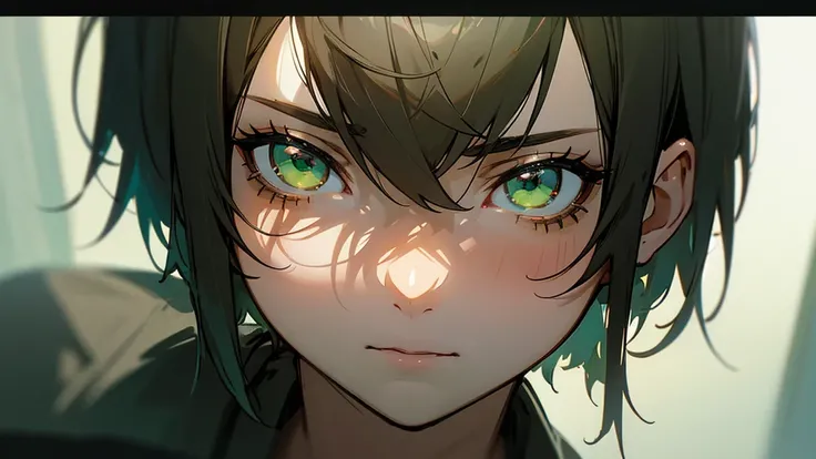 a yandere girl, short-haired boy with green eyes, detailed face and expression, dramatic lighting, cinematic composition, moody colors, highly detailed, intricate details, photorealistic, 8k, unreal engine, masterpiece