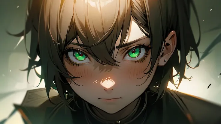 a yandere girl, short-haired boy with green eyes, detailed face and expression, dramatic lighting, cinematic composition, moody colors, highly detailed, intricate details, photorealistic, 8k, unreal engine, masterpiece