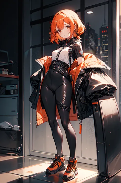 techwear,, ultra detailed, masterpiece, best quality, aesthetic, detailed,, solo, 1girl, red hair, orange eyes, amber eyes, swept bangs, parted bangs, low twintails,
short hair, medium hair, small breasts, (tsurime:1.2),, leggings, leather jacket, long shi...