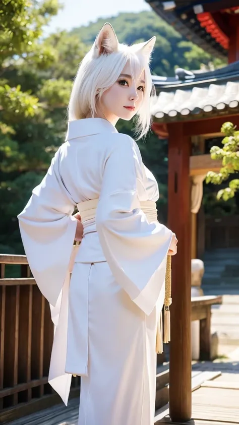 White fox beauty、Pale skin、tail、shrine、8K、Kimono、Look forward