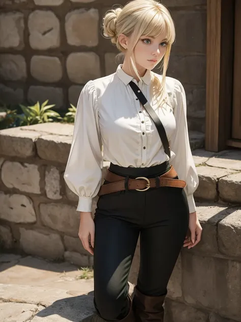 Cute twenty year old woman with straight blonde hair tied in a low bun and bangs, green eyes, serious and firm look,  long eyelashes and whitish skin. Use a medieval but stable white blouse, black pants and a brown belt, coffee boots. His gesture is disint...