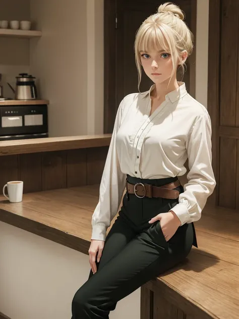 Cute twenty year old woman with straight blonde hair tied in a low bun and bangs, green eyes, serious and firm look,  long eyelashes and whitish skin. Use a medieval but stable white blouse, black pants and a brown belt, coffee boots. His gesture is disint...