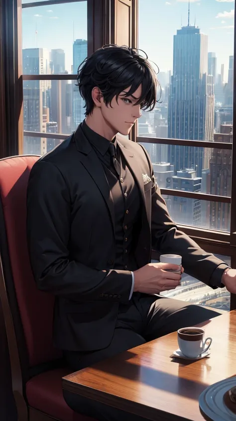 (Extremely detailed CG unified 8k wallpaper),(masterpiece), (best quality), (Super detailed), (Best illustration),(The best shadow), A man，Drink coffee，Stand by the window，black hair，Head to the left, looking out the window at the city，It&#39;s dark indoor...