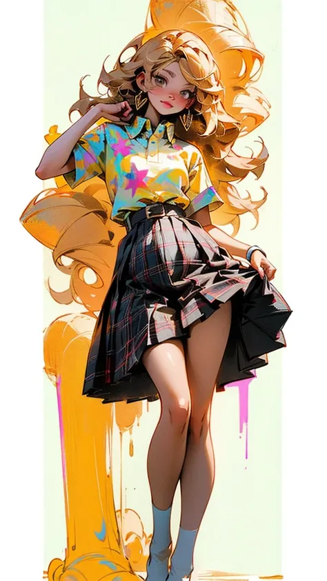 glow，masterpiece, best quality, oil painting portrait style, blonde，Plaid skirt，pleated skirt，Big ，white stockings，without wearing shoes