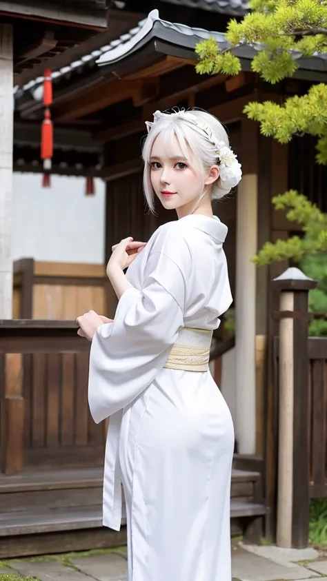 White fox beauty、Pale skin、tail、shrine、8K、Kimono、Look forward、The Big Picture