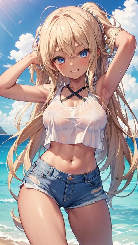 (8K、Highest quality、Highest quality、masterpiece)、Detailed face、One Girl、Spread legs、
(Brown Skin:1.2)、Long Hair、
Blue Eyes、Sweat、Grin、
(White tank top、Denim hot shorts、Mini Shorts、Cameltoe)、Cameltoe
Beach、cloud、
belly button、Big Breasts、