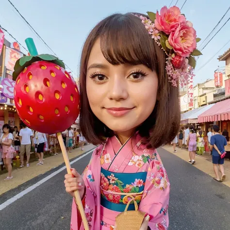 all whole total body photo of a 30 years old woman, wearing a pink kimono with floral motifs and wearing geta sandals, shoulder length black hair, holding a skewered strawberry candy, background of the summer festival in Japan on this day. softlight. 4K.