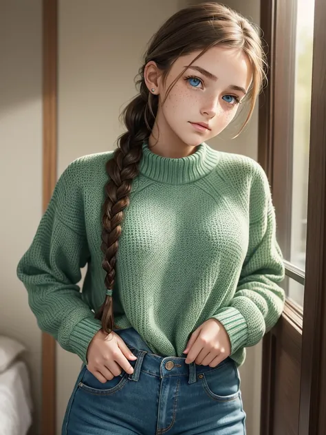 Cute sixteen year old woman with brown hair tied up in a braid, blue eyes, tired and gentle look, freckles on cheeks and long eyelashes, wear a green sweater and jeans. They see her attractive and mature.