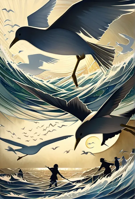 best quality, super fine, 16k, extremely detailed, 2.5D, delicate and dynamic, seagulls gather around a school of small fish at sea, fusion of watercolors and oil paintings, fusion of paper cutting and shadow puppetry, three-dimensional effect expressed by...