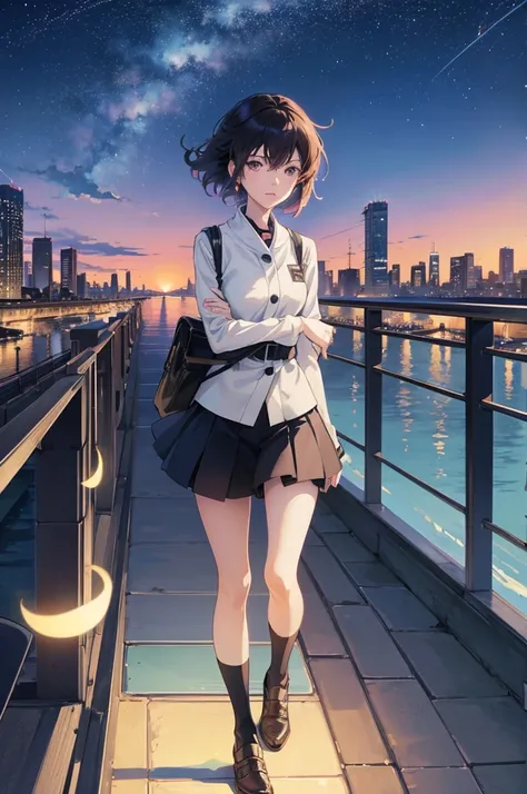 A girl standing on a bridge looking at the night sky, Anime drawings inspired by Makoto Shinkai, CG society hot topic, Sequential Art, anime art wallpaper 4k, anime art wallpaper 4k, anime wallpaper 4k, anime wallpaper 4k, Anime Style 4k, Anime Girl Deskto...