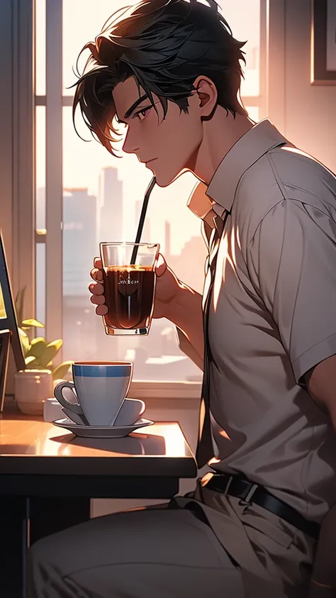 (Extremely detailed CG unified 8k wallpaper),(masterpiece), (best quality), (Super detailed), (Best illustration),(The best shadow), A man，Drink coffee，Stand by the window，black hair，It&#39;s dark indoors，The city lights outside the window are bright，silen...