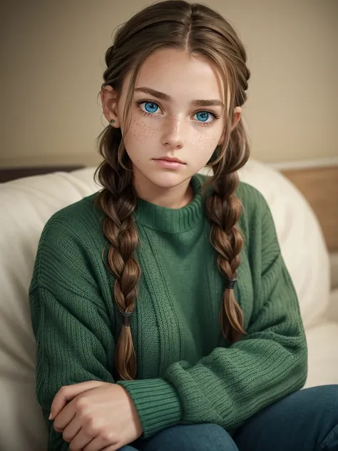 Cute sixteen year old woman with brown hair tied up in a braid, blue eyes, tired and serious look, freckles on cheeks and long eyelashes, wear a green sweater and jeans. They see her attractive and mature. 