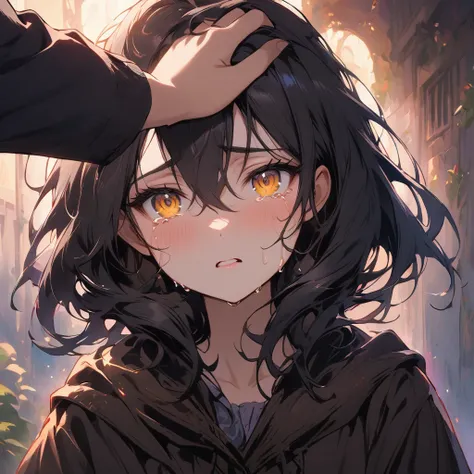 tears, yellow eyes, 1girl, crying, black hair, hand on anothers head, hair between eyes, looking at viewer, crying with eyes open, bangs, solo focus, out of frame, headpat, pov