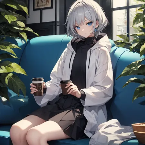 (((1 person　Gray Hair　Sit on the sofa　Crossing your legs　blue eyes)))　((High resolution　short hair　hoodie　Black Skirt　Rin々Funny face))　((Close-up))　((Blue butterfly　Asahi　Shining Aura　Catch the wind　Holding a cup　Drink coffee))　(smile　Bathed in light)　Shin...