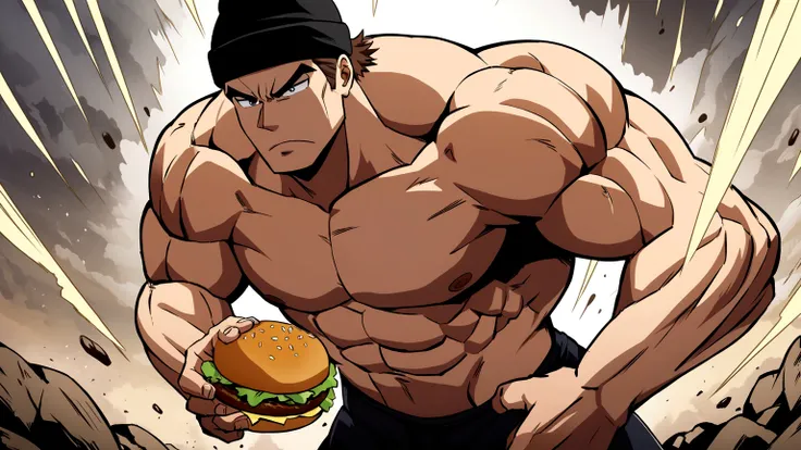 Muscular but not very muscular boy with medium brown hair that sticks out from his black beanie hat eats a hamburger in an epic way, epic anime style