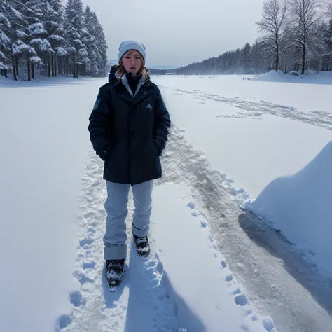 someone is standing in the snow with their feet in the snow, standing in the snow, walking on ice, standing on the water ground, stands in a pool of water, footsteps in the snow, feet on the ground, standing in a parking lot, standing on a ship deck, stand...