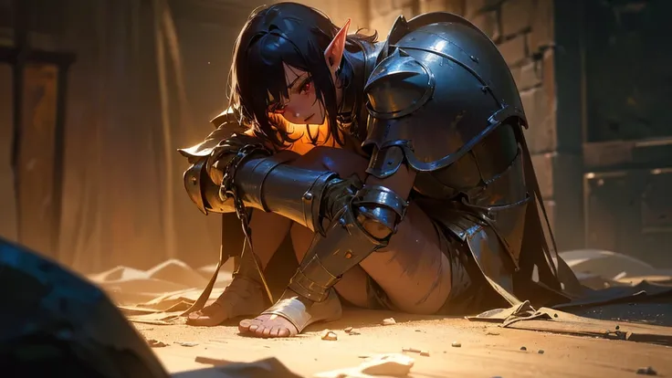 a girl elf with red eyes and short hair in shackles in a dungeon, naked, bruised, crying, a boy in armor sitting next to her and hugging her, dramatic lighting, cinematic composition, gritty, dark fantasy, chiaroscuro, (best quality,4k,8k,highres,masterpie...