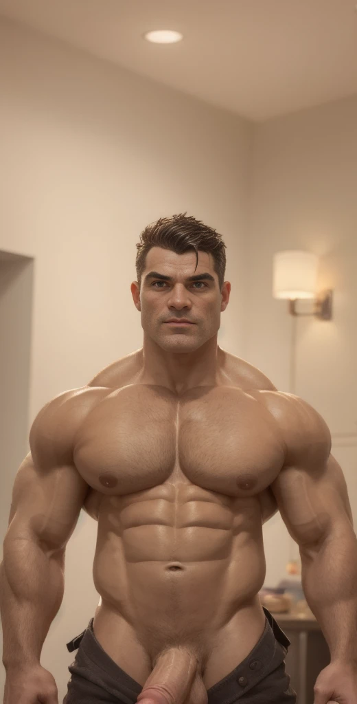 Cinematic soft lighting illuminates a stunningly detailed and ultra-realistic hyper muscular handsome aged 42 Bruce Wayne daddy bodybuilder with big arms,exuding huge sexual aura, (seductive), meticulous muscle definition, ((bara)), big pecs, ((erection)),...