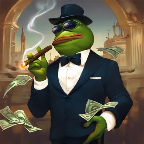 score_9, score_8_up, score_7_up, score_6_up, score_5_up, score_4_up, pepe the frog wearing a suit and smoking a cigar without a ...