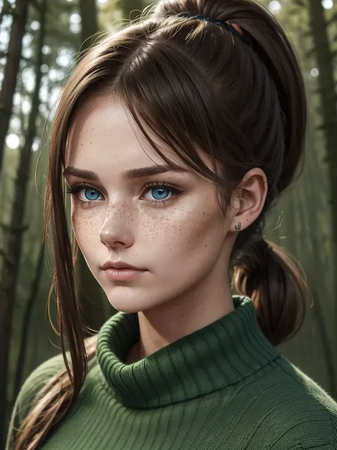 Twenty year old woman, brown hair tied in a ponytail, blue eyes, serious look, freckles on cheeks and long eyelashes, wear a green sweater and jeans. They see her attractive and mature. It is in front of a dark and gloomy forest.