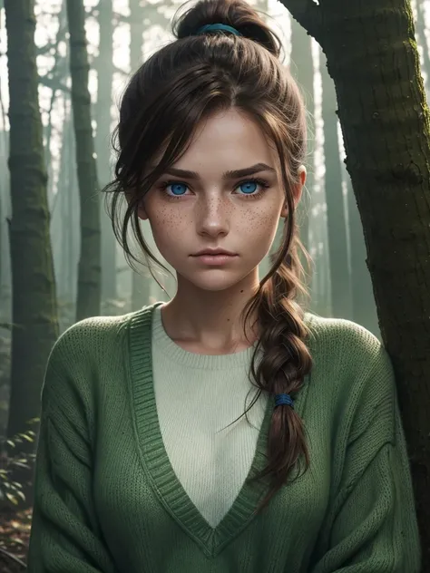 Twenty year old woman, brown hair tied in a ponytail, blue eyes, serious look, freckles on cheeks and long eyelashes, wear a green sweater and jeans. They see her attractive and mature. It is in front of a dark and gloomy forest.