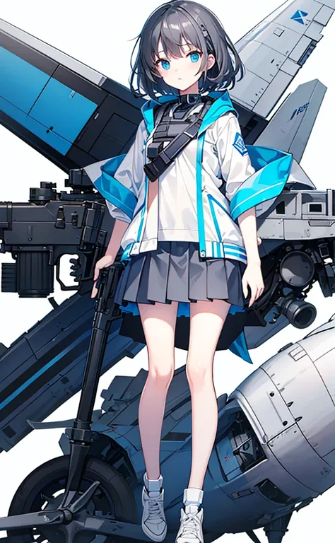 Loli，Dark gray hair，Blue Eyes，White jacket and grey short sleeves，Blue skirt for lower body，Technology，flat chest，Holding a gun，Airplane anthropomorphism，whole body。White background。