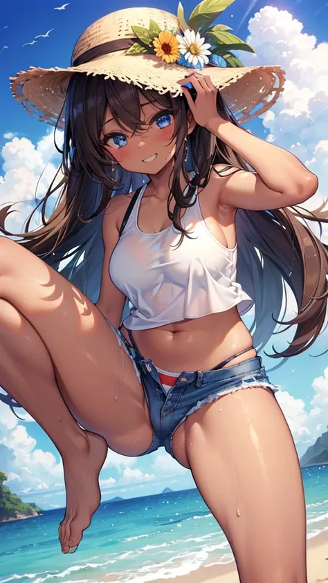 (8K、Highest quality、Highest quality、masterpiece)、Detailed face、One Girl、Spread legs、Spread Legs, Sfw
(Brown Skin:1.2)、Long Hair、
Blue Eyes、Sweat、Grin、
(White tank top、Denim hot shorts、Mini Shorts、Cameltoe)、Cameltoe
Beach、cloud、
belly button、Big Breasts、